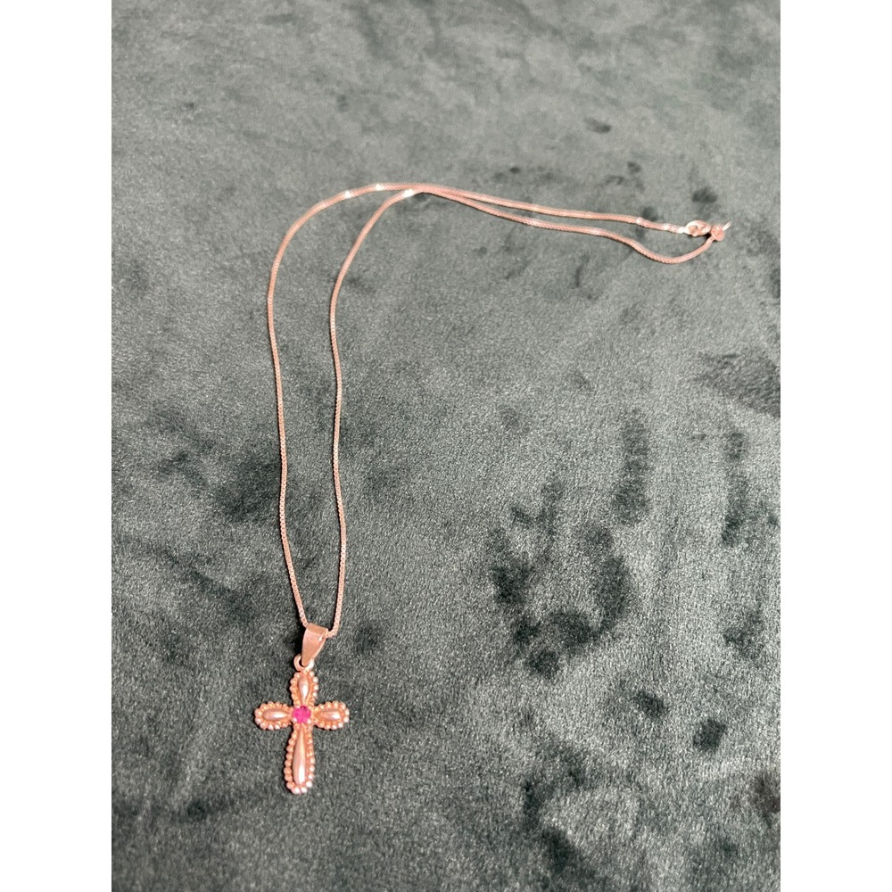925 Sterling Silver Cross Pendant 925 Necklace Pink Gemstone 18 Inch Box Chain